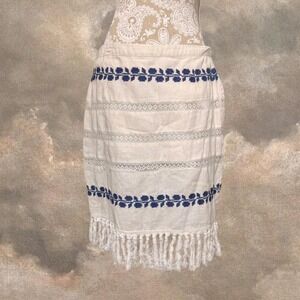 For Cynthia Boho Fringe Skirt L Beige Blue Embroidered Tassel Hem Festival Vibe